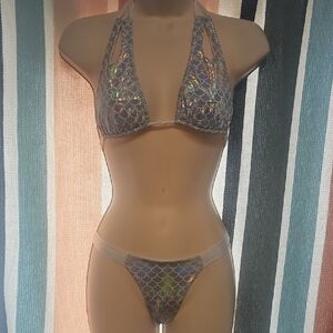 Holographic Mermaid Print Silver Triangle Bikini Set